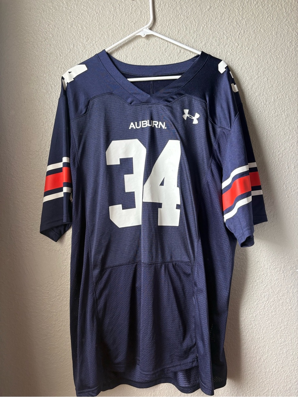 Under Armour Navy Auburn #34 Football Jersey with Red & White Sleeve Stripes